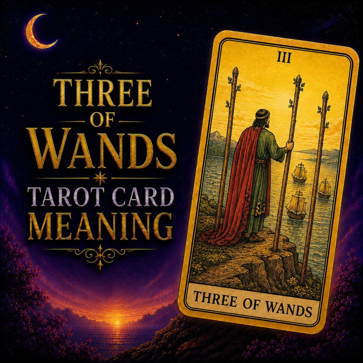 The Three of Wands tarot card, showing a figure looking out over water from a cliff with three wands planted beside them, against a deep purple night sky.
