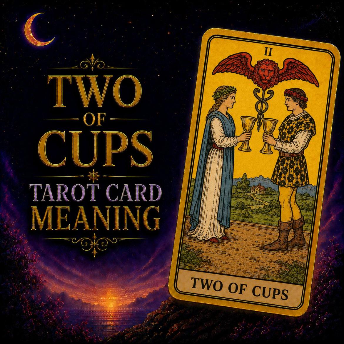 Two of Cups tarot card meaning: a man and a woman face each other and exchange cups beneath a winged lion.