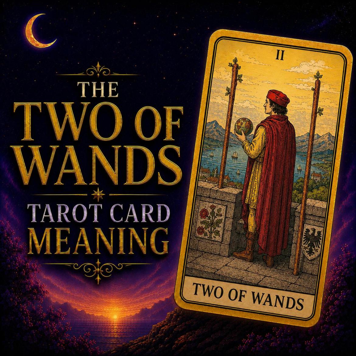The Two of Wands tarot card, showing a figure holding a globe and looking out from a castle wall between two wands, against a deep purple night sky.