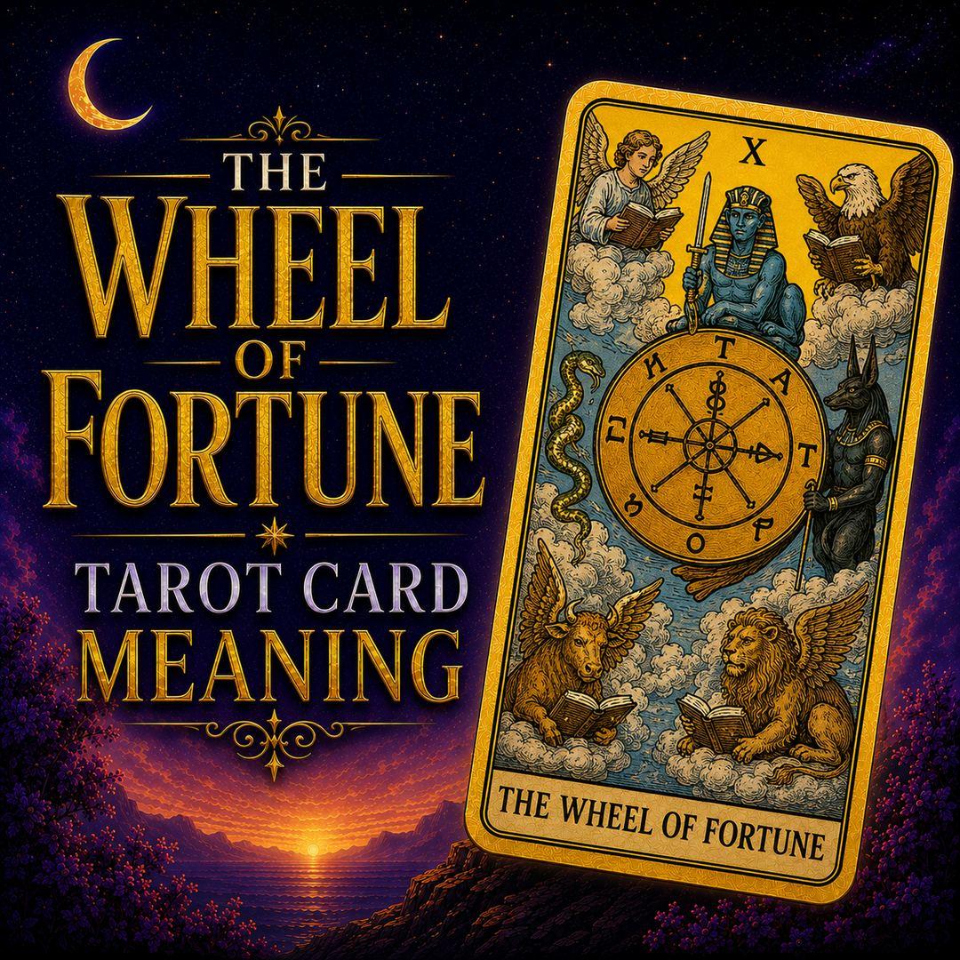 The Wheel of Fortune tarot card, showing a great turning wheel surrounded by four winged figures, against a deep purple night sky.