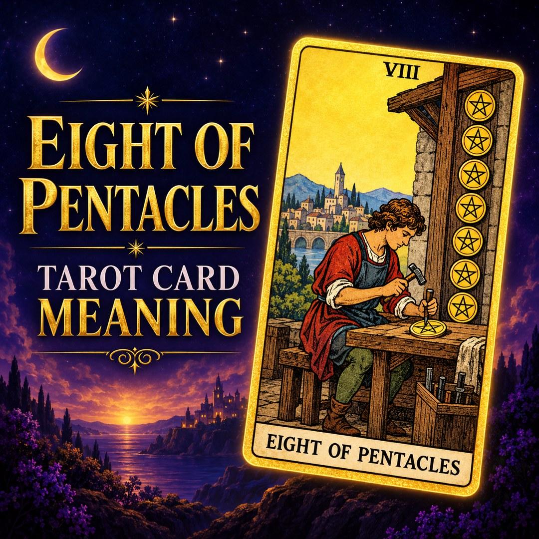 Eight of Pentacles tarot card showing diligence, mastery, and skilled work.