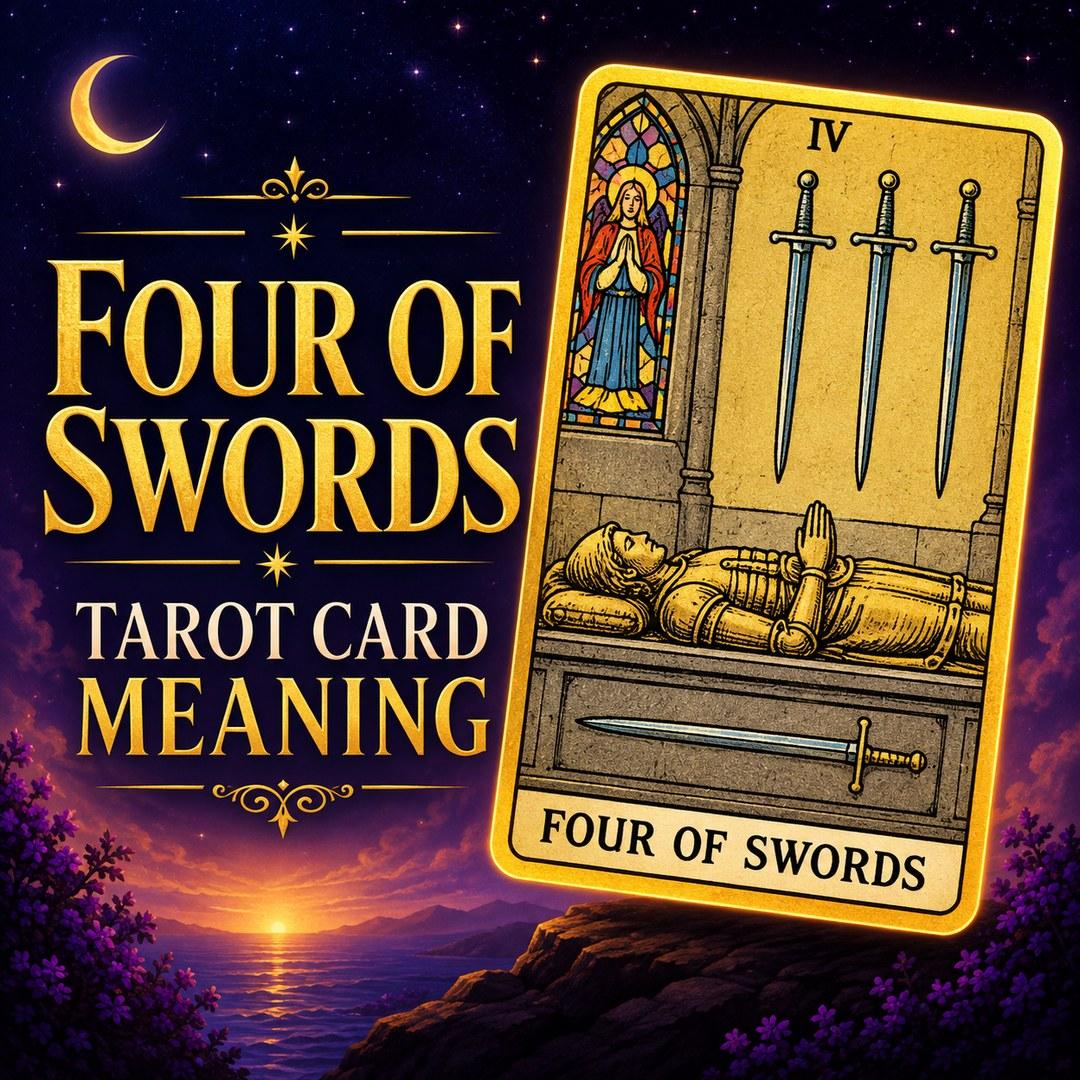 Four of Swords tarot card with a resting knight and four swords in a chapel.
