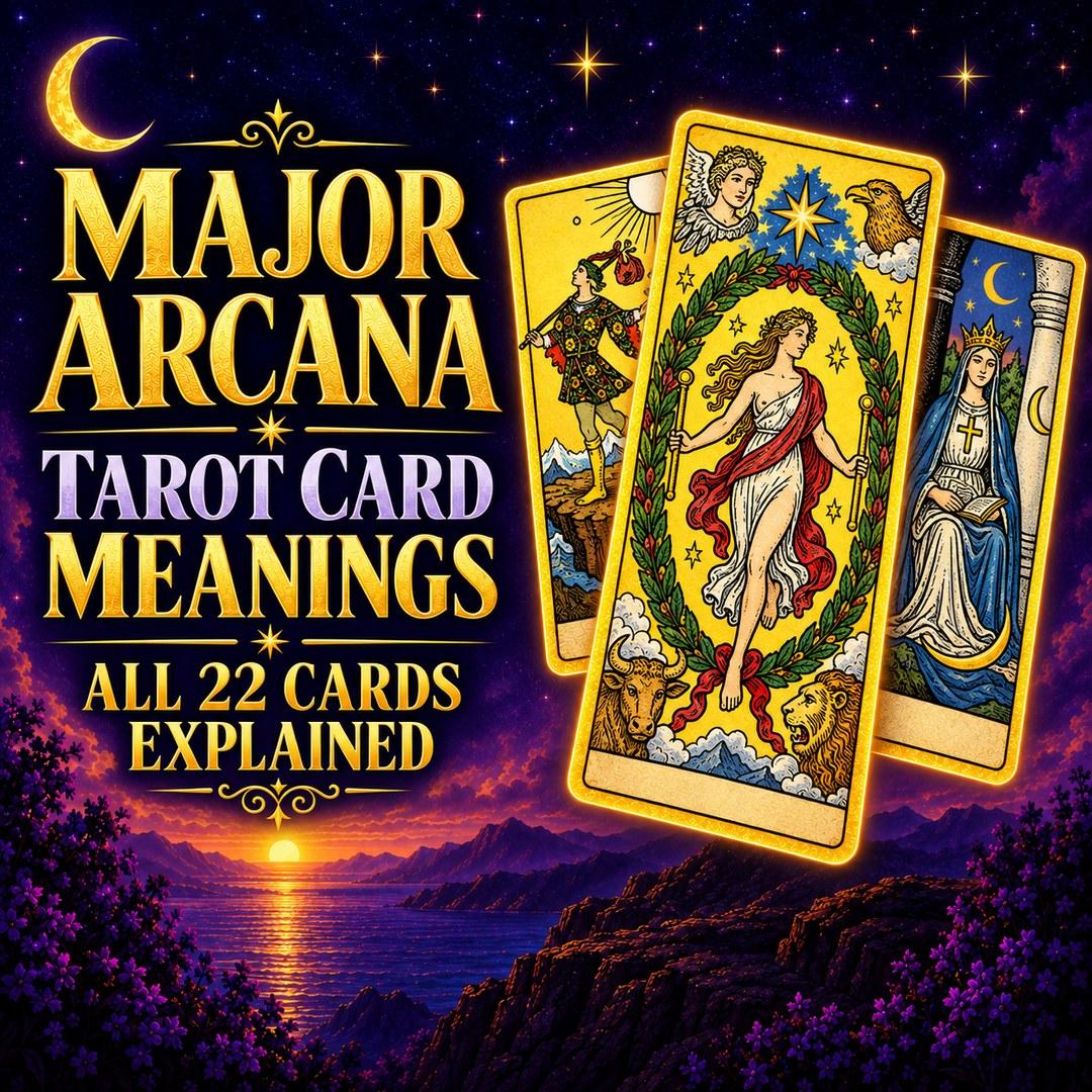 Major Arcana tarot guide featuring The Fool, The World, and The High Priestess.