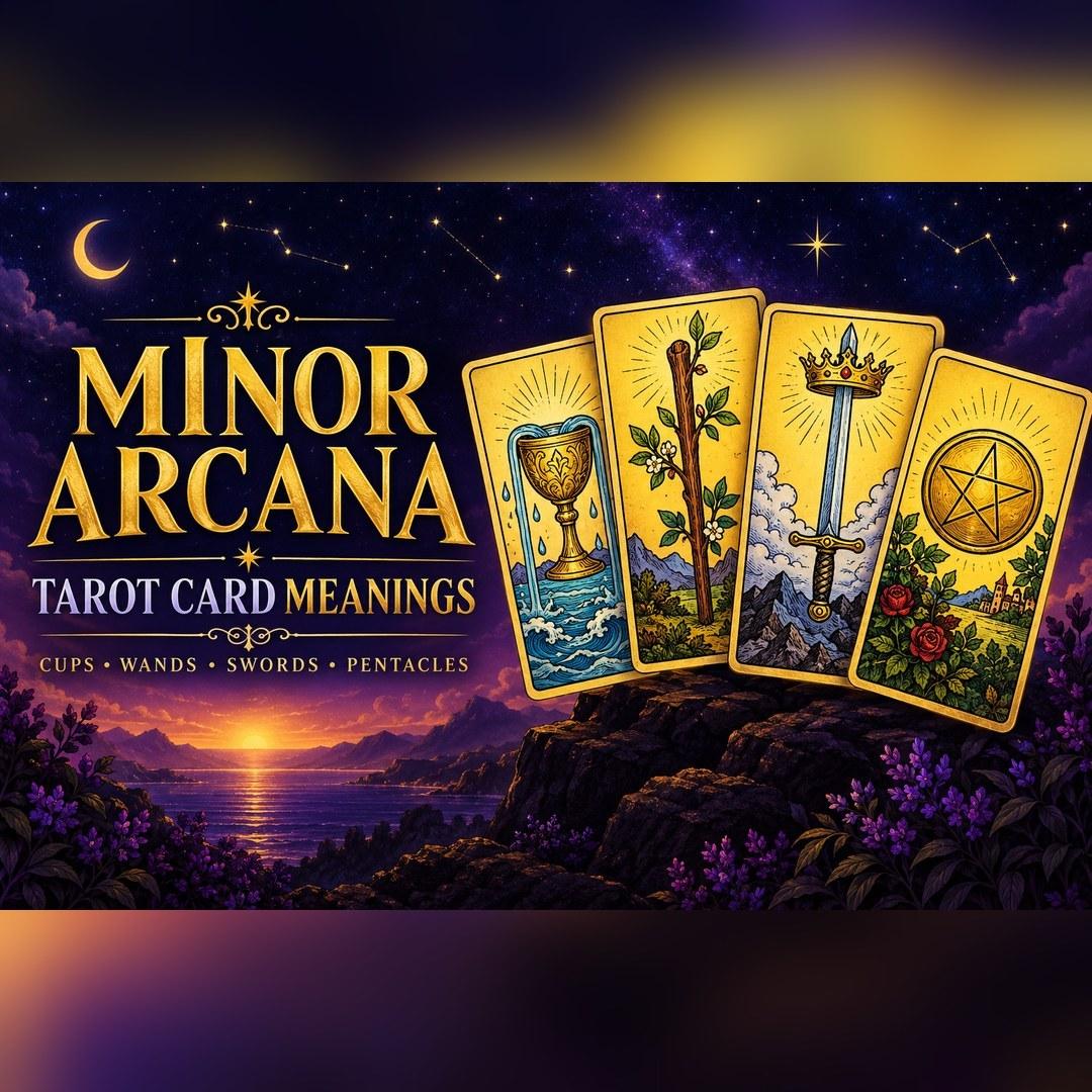 Minor Arcana tarot guide featuring Cups, Wands, Swords, and Pentacles.