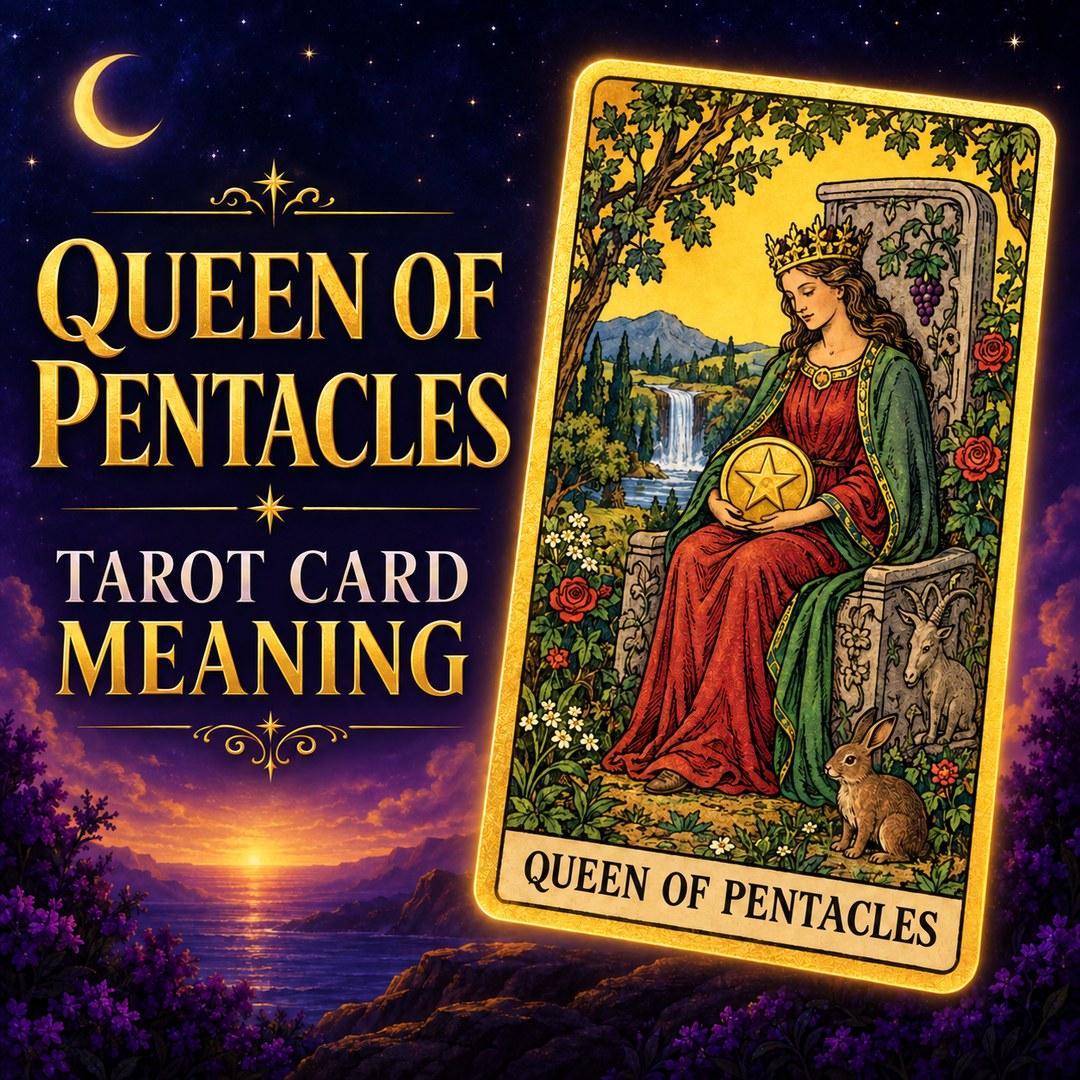 Queen of Pentacles tarot card showing nurture, comfort, and practical abundance.