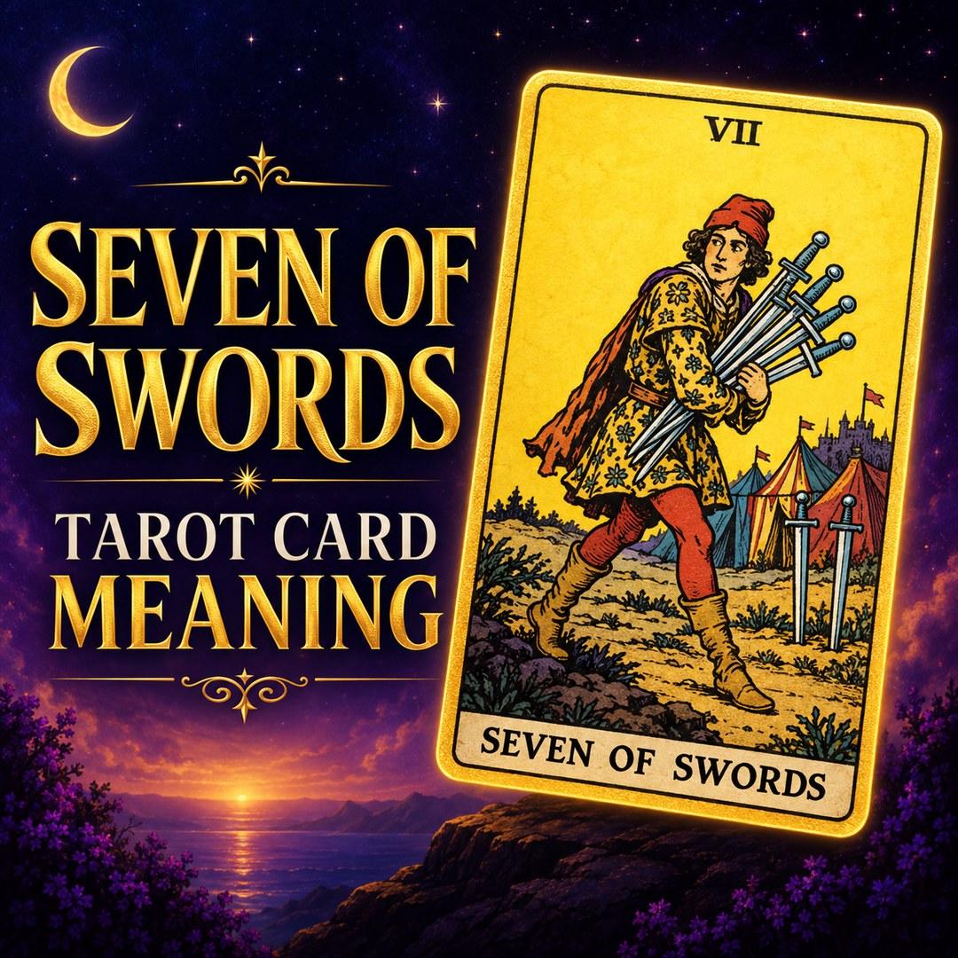 Seven of Swords tarot card showing secrecy, strategy, and calculated action.