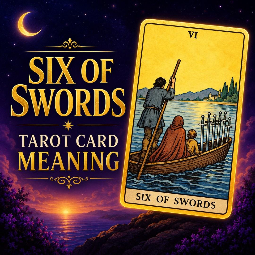 Six of Swords tarot card showing a family's journey toward calmer waters.