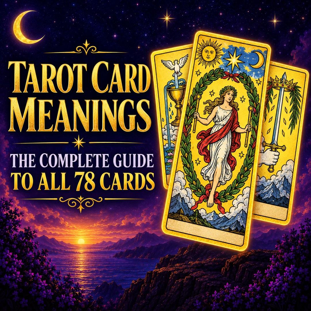 Complete tarot card meanings guide featuring three mystical cards beneath a celestial sky.
