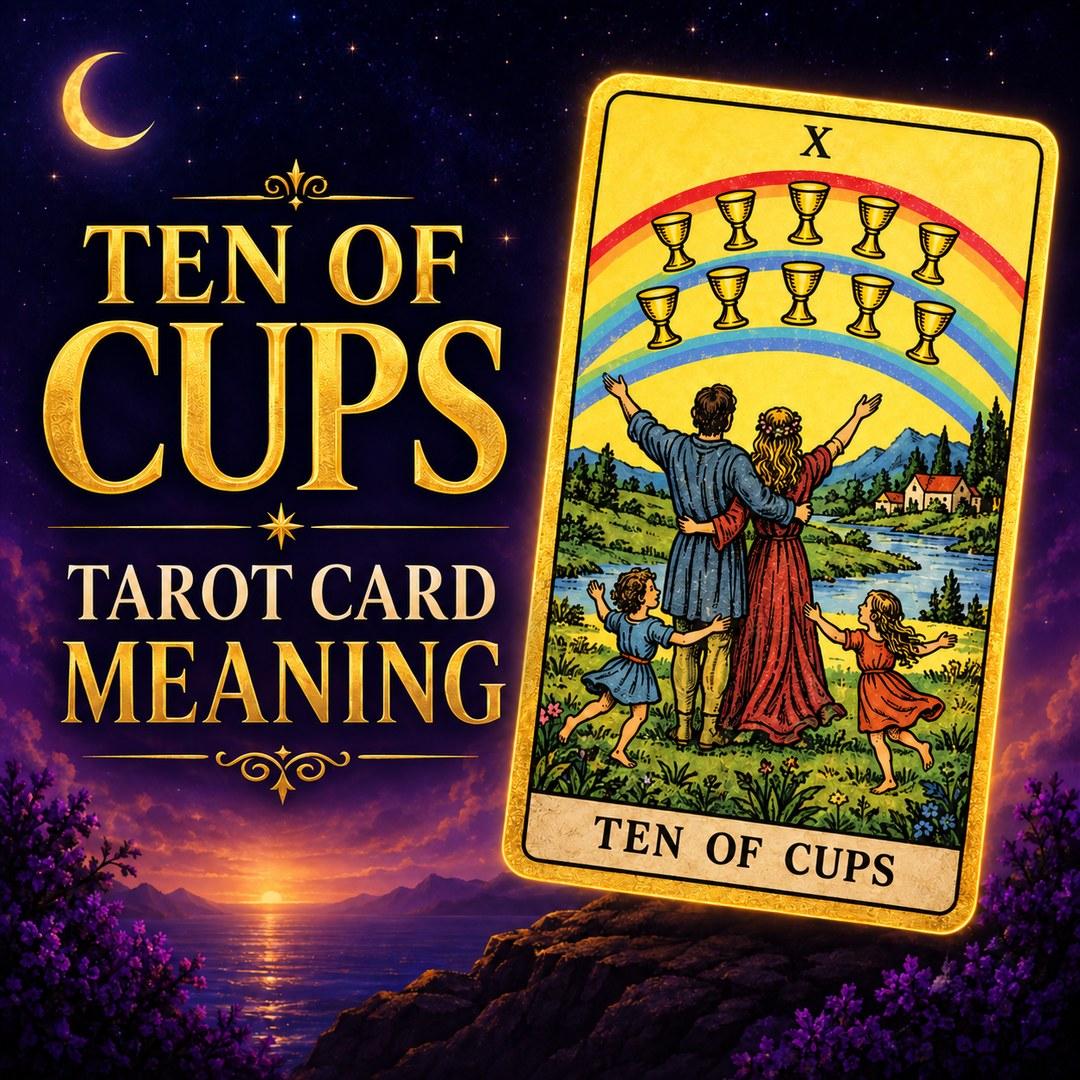 Ten of Cups tarot card showing love, family harmony, and emotional fulfillment.