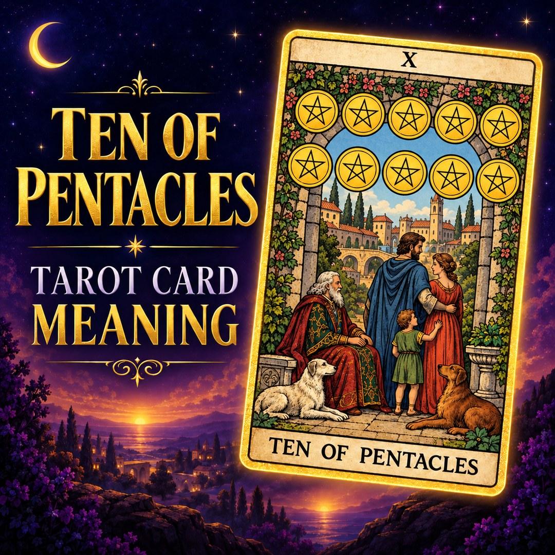 Ten of Pentacles tarot card showing family, legacy, wealth, and lasting stability.