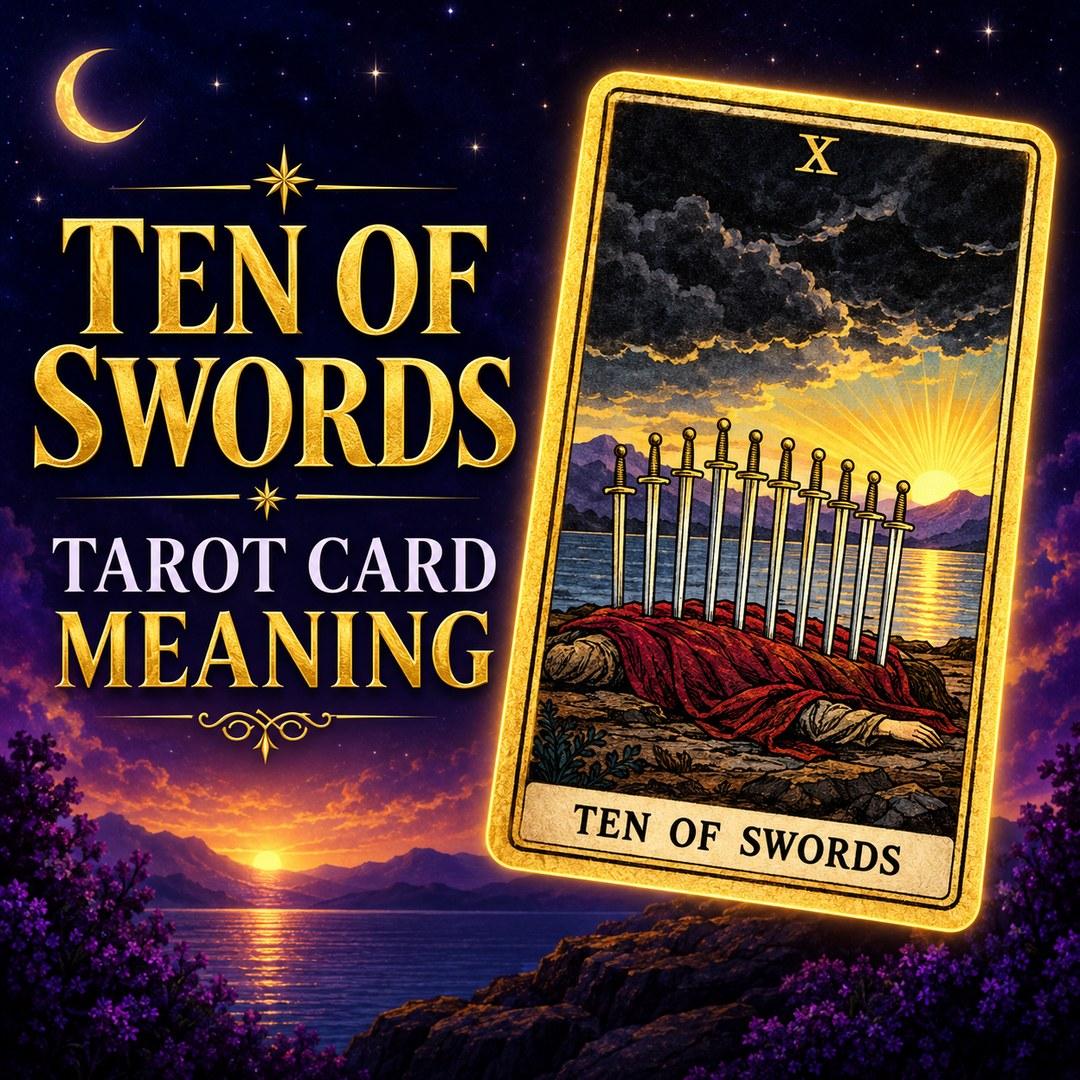 Ten of Swords tarot card showing finality, release, and a new beginning.