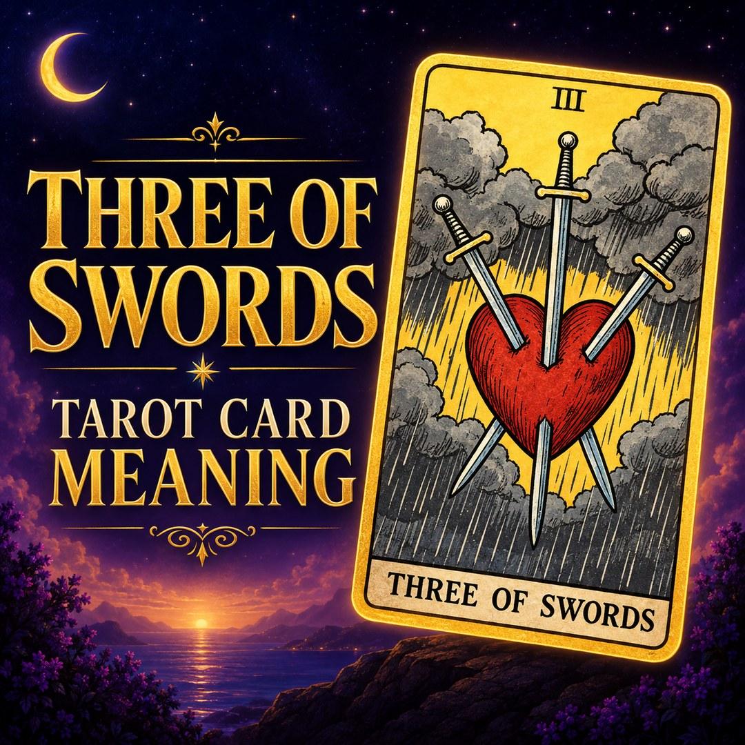 Three of Swords tarot card with a red heart pierced by three swords in a rainstorm.