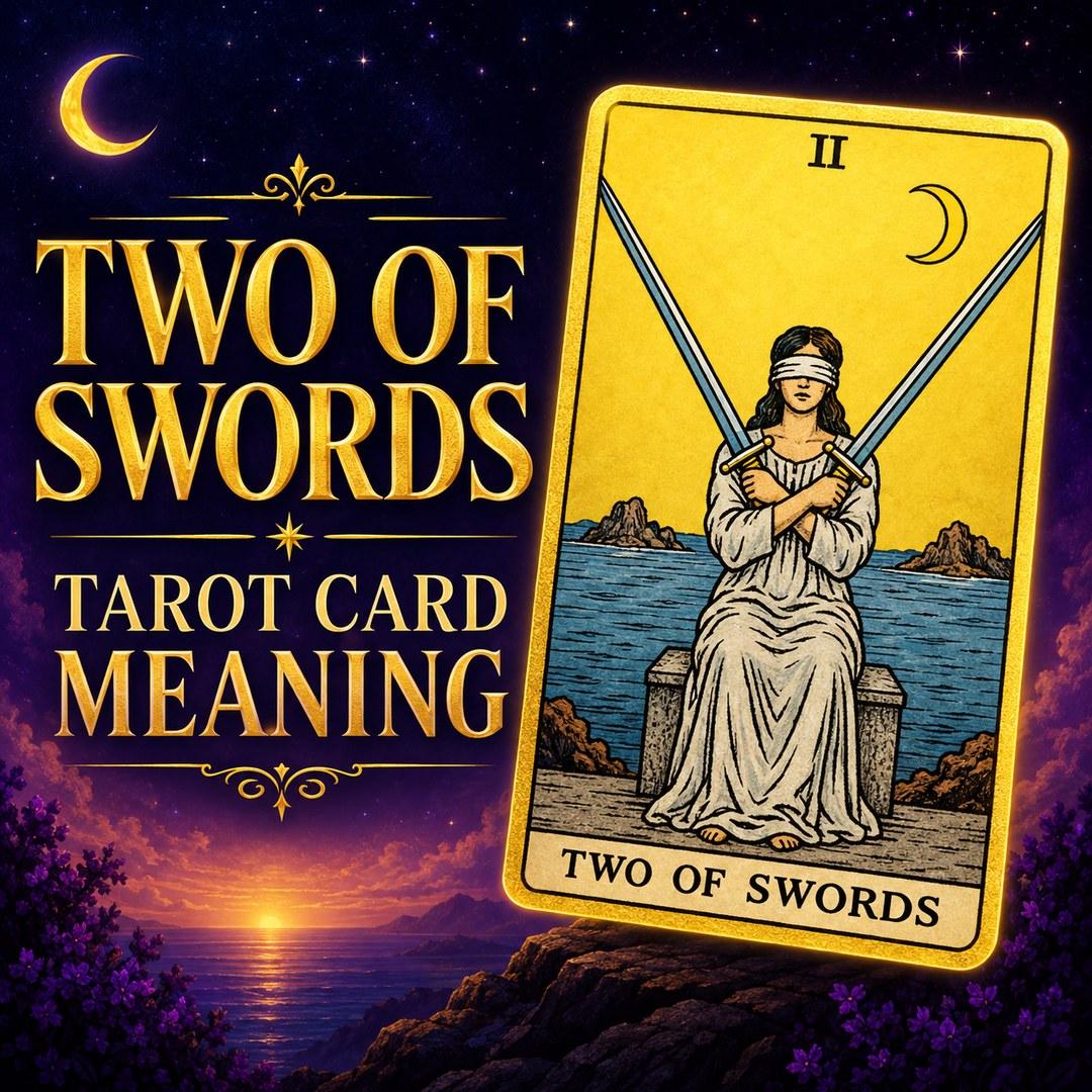 Two of Swords tarot card with a blindfolded woman holding crossed swords beneath a crescent moon.