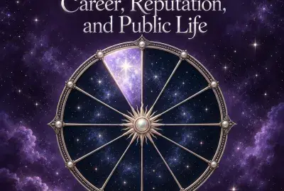 Celestial astrology wheel with the tenth house illuminated against a violet starry sky.
