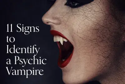 11 signs of a psychic vampire illustrated by a woman with vampire fangs representing energy draining behavior