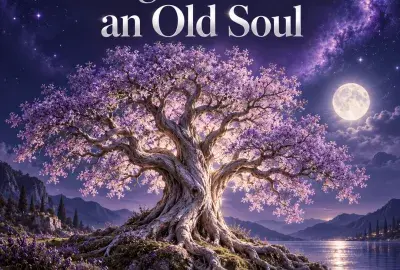 A glowing lilac tree on a moonlit shore under a starry night sky, illustrating the signs of an old soul