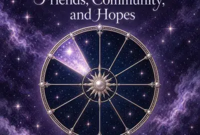 Celestial astrology wheel with the eleventh house illuminated against a violet starry sky.