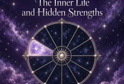 Celestial astrology wheel with the twelfth house illuminated against a violet starry sky.