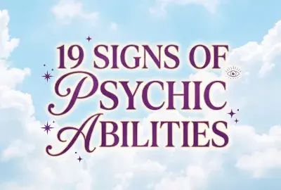 Light blue sky with fluffy clouds with text "19 signs of Psychic Abilities" 