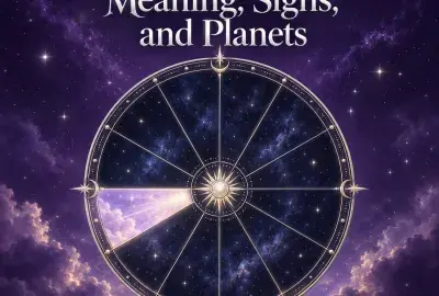 Celestial astrology wheel with the first house illuminated against a violet starry sky.