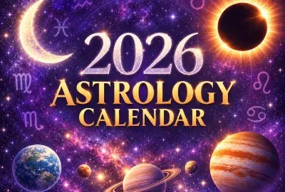 Planets, a crescent moon, and a solar eclipse inside a zodiac wheel on a violet star field, 2026 astrology calendar