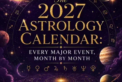 Gold 2027 astrology calendar design with zodiac symbols, planets, and celestial imagery on a deep violet background.