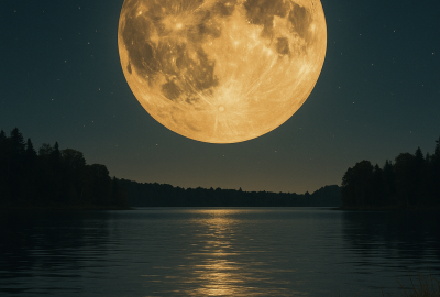 sturgeon on shore in foreground with full moon over a lake with text "sturgeon Moon"