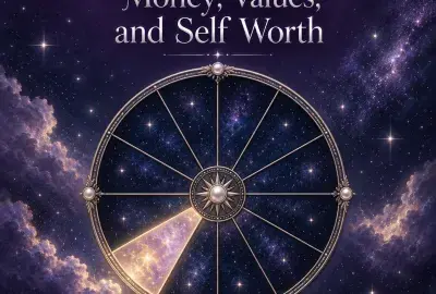 Celestial astrology wheel with the second house illuminated against a violet starry sky.