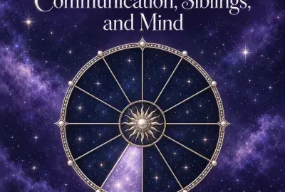Celestial astrology wheel with the third house illuminated against a violet starry sky.