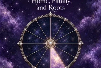 Celestial astrology wheel with the fourth house illuminated against a violet starry sky.