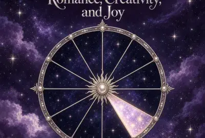 Celestial astrology wheel with the fifth house illuminated against a violet starry sky.