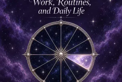 Celestial astrology wheel with the sixth house illuminated against a violet starry sky.
