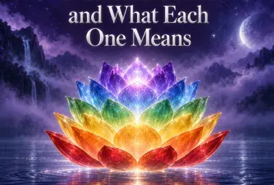 A glowing lotus with petals in the seven chakra colors floating on still water beneath a starry night sky