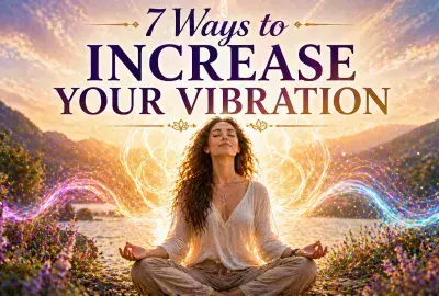 Woman meditating in nature with glowing aura and energy waves, representing raising your vibration and increasing spiritual energy and emotional alignment