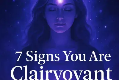 Woman with glowing third eye and violet aura representing clairvoyant energy with white text "7 Signs You Are Clairvoyant"