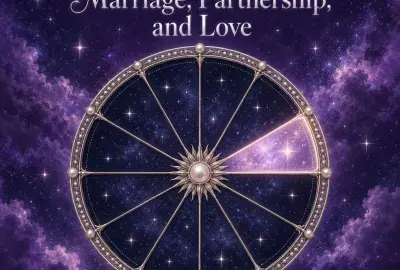 Celestial astrology wheel with the seventh house illuminated against a violet starry sky.