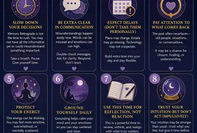 Mercury Retrograde survival tips infographic showing 8 ways to handle communication issues, emotional stress, and stay grounded during retrograde