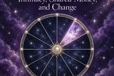 Celestial astrology wheel with the eighth house illuminated against a violet starry sky.