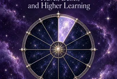 Celestial astrology wheel with the ninth house illuminated against a violet starry sky.