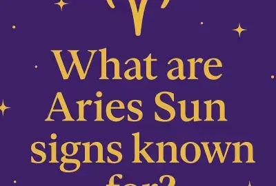 Aries Sun Sign graphic with golden Aries symbol and text on violet background with stars