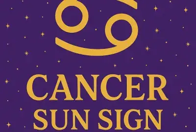 Cancer Sun Sign graphic with golden Cancer symbol and text on violet background with stars