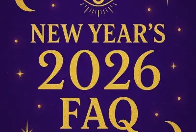 Mystical purple and gold New Year’s 2026 Psychic FAQ image featuring crescent moons, an all-seeing eye, and glowing stars to represent intuition and new beginnings