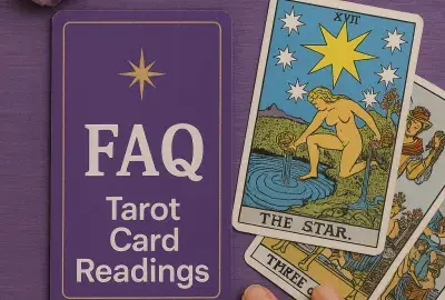 Purple tarot reading setup with FAQ card, tarot cards, amethyst, candle, and beads