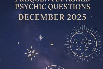 Mystical December 2025 psychic FAQ image with moon, stars, and violet winter solstice theme