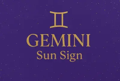 Gemini Sun Sign graphic with golden Gemini symbol and text on violet starry background