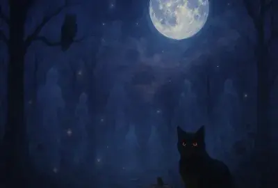 Mystical October night with full moon, glowing orbs, black cat, and spiritual energy in the air—symbolizing the thinning veil between worlds around Halloween.
