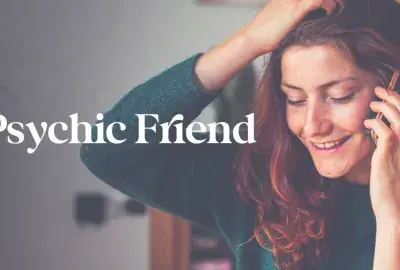 Woman talking on phone with text "psychic friend"