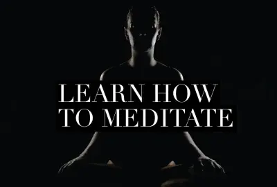 Outline of Lotus Postition on black background with text "learn how to meditate"