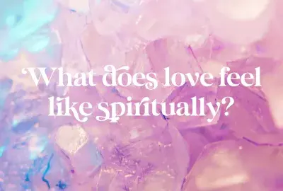 light blue and pink background with text "what does love feel like spiritually?" 