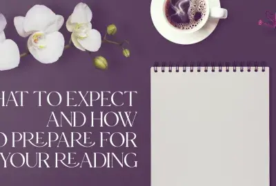orchid, tea cup, notepad on purple background with text "what to expect and how to prepare for your reading"